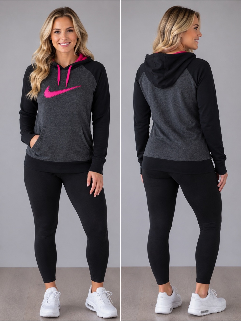 Nike Women's Charcoal Gray & Hot Pink Pullover Hoodie